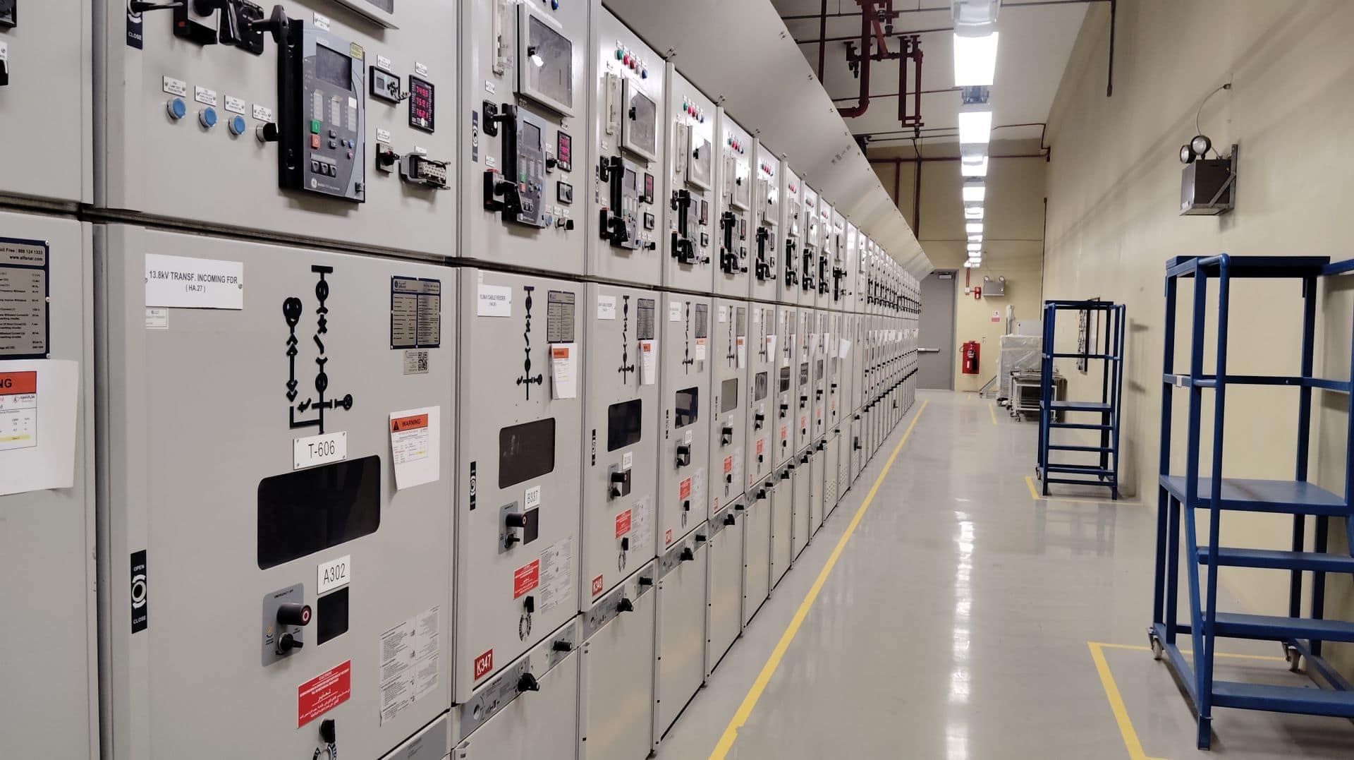 Long row of medium-voltage switchgear cubicles in an industrial switch room