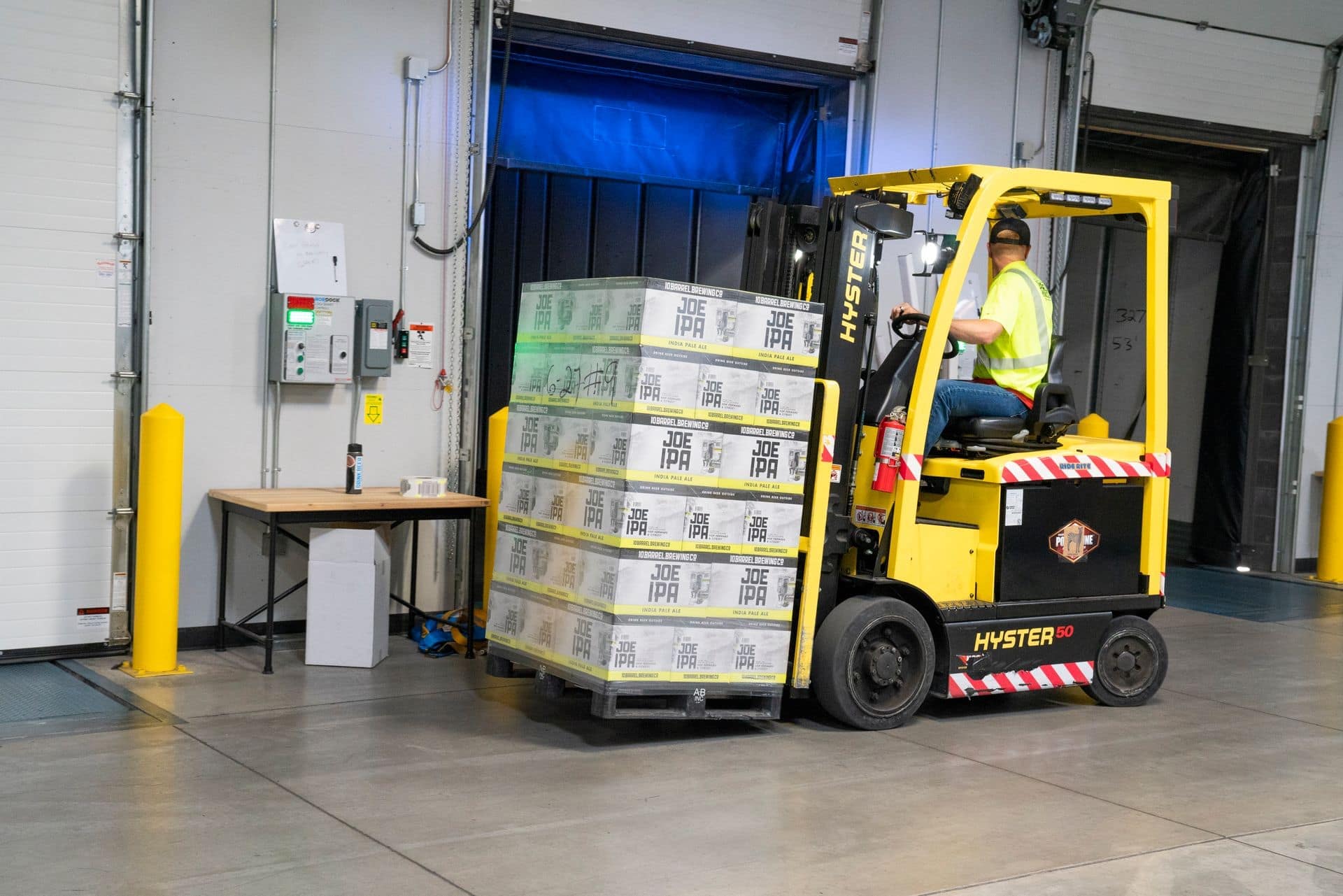Warehouse worker moving a loaded pallet with a forklift at a loading dock